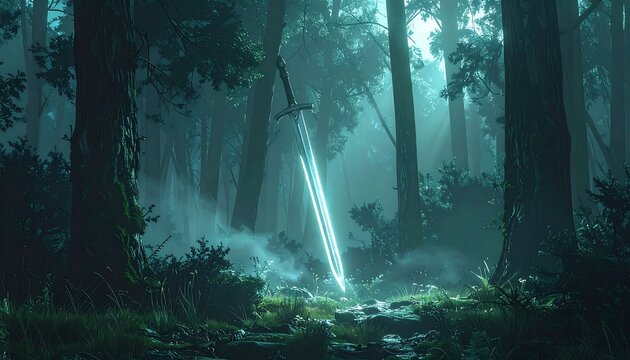 Glowing sword in mystical forest