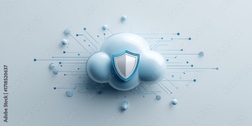 Poster cloud security concept illustration with shield protection for data privacy and network safety on cl