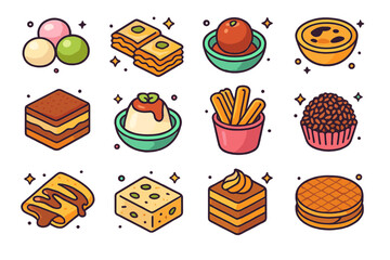 International Dessert Icons. Colorful isometric vector icons set of International sweet delicacies: mochi, baklava, gulab jamun, pastel de nata, tiramisu,