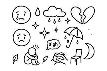 Sadness Symbols Doodle. Hand-drawn doodle illustration Audience sadness [crying face, teardrop, cloud, broken heart, frown, rain, star, sparkle, umbrella,