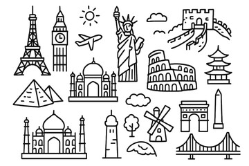 World Landmarks Doodle. World landmarks learning. Hand-drawn doodle illustration world landmarks Eiffel Tower, Big Ben, Statue of Liberty, Great