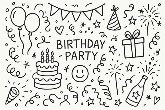Birthday Celebration Doodles. Hand-drawn doodle illustration [birthday party fun] [cake, candles, balloons, confetti, gift box, party hat, streamers, ribbon,