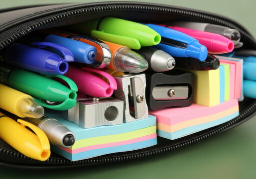 Colorful assortment of pens pencils sharpeners and sticky notes neatly organized in a black zippered case on a green background for school or office supplies