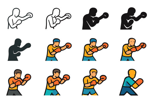 Athlete Logo Variations. Set Logo of Athletes Warming Up: Boxer shadowboxing. Logo set in vector style, emblematic variations. line, bold thick line, solid