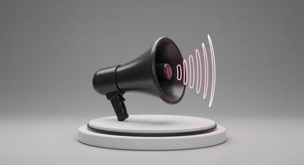 The dark-colored megaphone, broadcasting with pink sound waves, stands assertively on a small, tiered white platform, which is all displayed against neutral gradient back