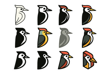 Obraz premium Colorful Woodpecker Logos. Set Logo of Woodpecker: Woodpecker wings folded. Logo set in vector style, emblematic variations. line, bold thick line, solid black