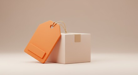 A tan package sits on matching surface, with blank orange tag resting against it by tied string, all set simple, backdrop. Black friday concept.