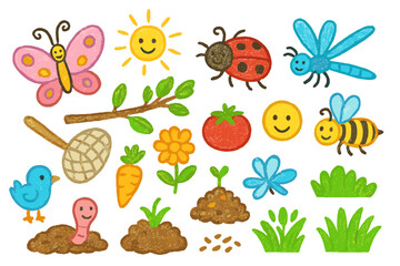 Friendly Insect Doodles. Colorful Hand-drawn doodle Children illustration Friendly insects in IPM butterfly, ladybug, honeybee, dragonfly, flower, tree branch,