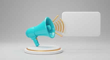 On a circular stage, bright blue megaphone with gold sound waves directs attention towards blank, rectangular text box gray background. Black friday concept.Copy space.
