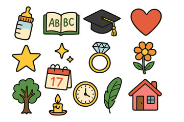 Life Phases Doodle. Life phases. Colorful Hand-drawn doodle Children illustration baby bottle, school book, graduation cap, heart, star, sparkle, wedding ring,