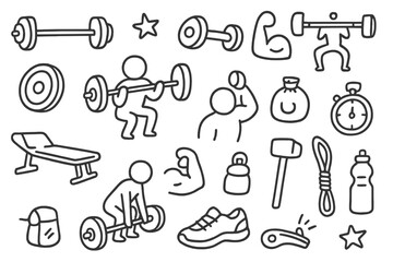 Obraz premium Weightlifting Doodle Icons. Hand-drawn doodle illustration weightlifting barbell, dumbbell, weight plate, squat figure, deadlift figure, clean and jerk icon,