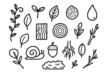 Organic Design Doodle. Hand-drawn doodle illustration Organic design elements [vine, sprout, leaf texture, water droplet, petal, bark pattern, tree ring,