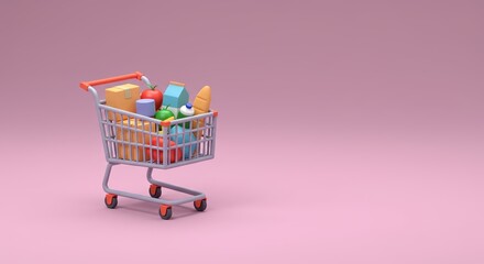 A cartoon shopping cart is filled with groceries and household items, set against solid light pink backdrop, conveying the concept of or online delivery. Black friday concept.Copy space.