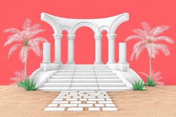 White archway steps on sand, coral backdrop