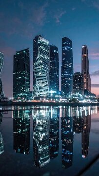 Cityscape at Dusk Reflecting in Water with Illuminated Skyscrapers Against a Night Sky with Vibrant Cloud Formations and Dim Horizon Light