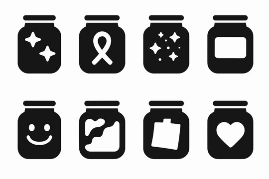 Tip Jar Icons. Solid, filled icon set of tip jar decorations: stickers, ribbons, glitter, labels, drawings, colorful paint, thank you notes, charity logos.