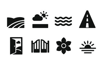 Open Nature Icons. Solid, filled icon set of open nature themes: open field, open sky, open sea, open road, open door to nature, open gate, open flower, open