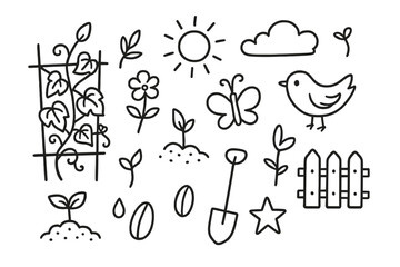 Garden Doodle Icons. Hand-drawn doodle illustration Garden vine trellis vine leaf, tendril, flower, branch, sprout, soil, seed, droplet, star, butterfly, sun,