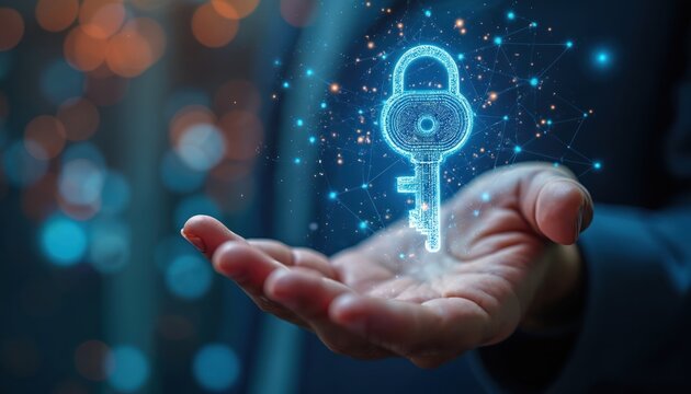 Futuristic digital key hologram floats above open hand, signifying cybersecurity, data protection. Ai concept represents innovation, network security, encrypted access. Hand gesture implies control - Powered by Adobe