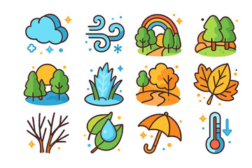Colorful Fall Weather Icons. Colorful isometric vector icons set of fall weather and nature: cloudy sky, chilly wind gust, light rain, rainbow through trees,