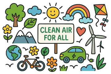 Fototapeta premium Clean Air Doodle. Colorful Hand-drawn doodle Children illustration Clean air for all [tree, cloud, blue sky, sun, rainbow, mountain, green leaf, flower,