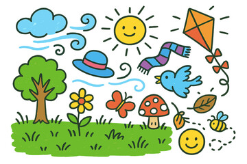Whimsical Nature Doodle. Colorful Hand-drawn doodle Children illustration Windy sky and green field breeze lines, tree, grass, flower, butterfly, bird, cloud,
