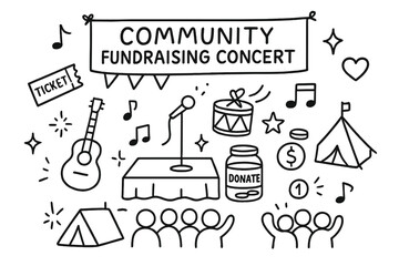Fundraising Concert Doodle. Hand-drawn doodle illustration Community fundraising concert [stage, guitar, microphone, drum, ticket, banner, sparkle, star,