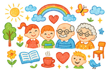 Grandparents' Love Doodle. Colorful Hand-drawn doodle Children illustration Grandparents? Love elderly couple, children, heart, rainbow, sun, clouds, flower,
