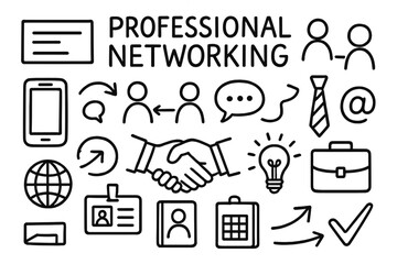 Professional Networking Icons. Hand-drawn doodle illustration Professional networking [business card, handshake, people icons, phone, chat bubble, email