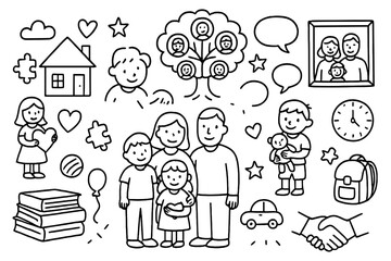 Childhood Identity Doodles. Hand-drawn doodle illustration Childhood and family shaping identity, parents, children, house, family tree, books, toys, photo