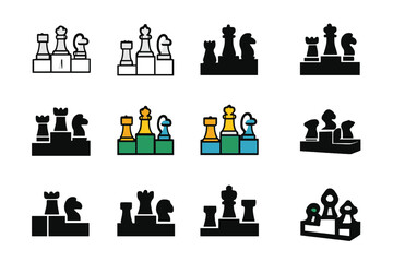 Strategic Chess Icons. Set Logo of Chess sections for strategic thinking: Tournament podium with chess symbols. Logo set in vector style, emblematic