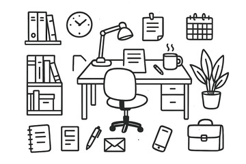 Organized Workspace Doodles. Hand-drawn doodle illustration Organized professional workspace [desk, chair, bookshelf, folder, notebook, pen, clock, calendar,