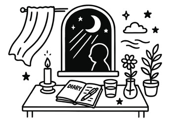 Obraz premium Poetic Window Silhouette. Hand-drawn doodle illustration poetic window light moon, curtain, candle, diary, pen, stars, silhouette, soft shadow, flower, glass,