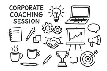 Corporate Coaching Doodle. Hand-drawn doodle illustration [Corporate coaching session] [laptop, notebook, pen, coffee cup, whiteboard, marker, sticky notes,