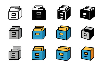 Court Logo Designs. Set Logo of Court reporters and legal assistants documenting hearings: Filing cabinet with labeled records. Logo set in vector style,