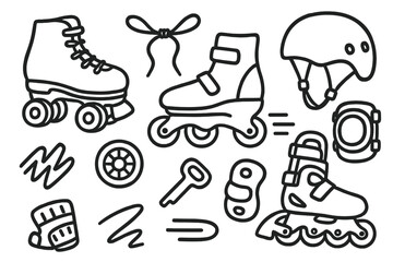 Skating Gear Doodle Icons. Hand-drawn doodle illustration Roller Skates quad skate, inline skate, laces, wheels, boot, stopper, strap, protective gear, helmet,
