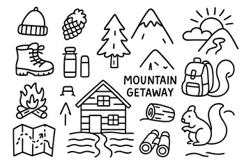 Mountain Getaway Essentials. Hand-drawn doodle illustration Mountain Getaway cabin, hiking boots, tree, mountain, campfire, pinecone, river, trail map,