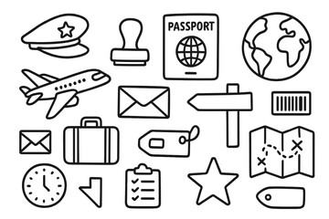 Travel Essentials Doodle. Hand-drawn doodle illustration Beach travel party surfboard, beach ball, flip flops, umbrella, coconut drink, starfish, seashell,
