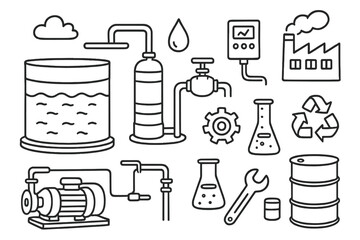 Industrial Water Treatment Doodles. Hand-drawn doodle illustration industrial water treatment unit water tank, filtration system, pump, pipe, droplet, valve,