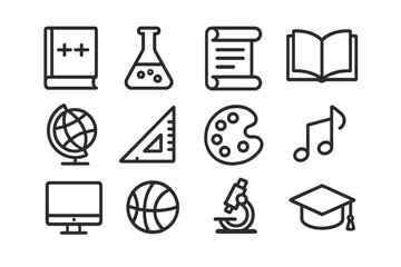 Educational Icon Set. Core education. Line icon set of core education: math book, science flask, history scroll, literature open book, globe, ruler, paint