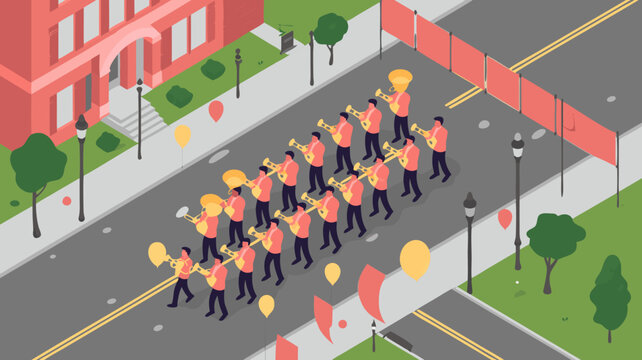 Isometric marching band on parade with balloons and buildings in a celebratory ambiance