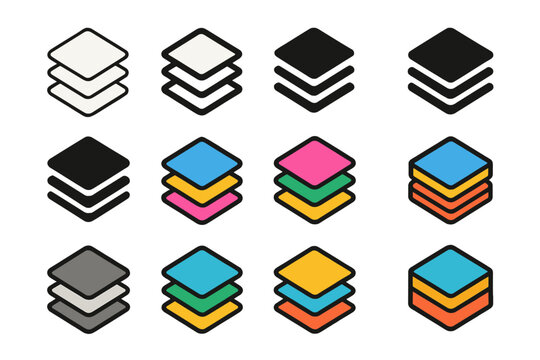 Colorful Logo Variations. Set Logo of Graphic Design Software: Vector layers stack. Logo set in vector style, emblematic variations. line, bold thick line,