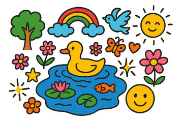 Obraz premium Peaceful Pond Doodles. Colorful Hand-drawn doodle Children illustration Peaceful Pond Scene [duck, pond, lily pad, flower, fish, rainbow, star, cloud, sun,
