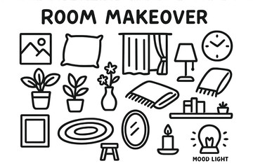 Room Decor Icons. Hand-drawn doodle illustration Room makeover decorations wall art, throw pillow, curtain, potted plant, lamp, rug, clock, blanket, photo
