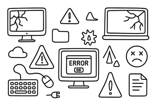 Crashed Computer Doodle. Hand-drawn doodle illustration Crashed computer screens cracked monitor, broken laptop, shattered screen, error message, sad face