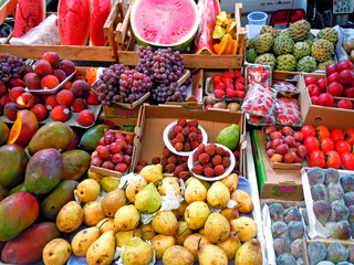 Tropical fruits, mango, watermelon, peach and others, sold in street market. Rio de Janeiro, 2022
