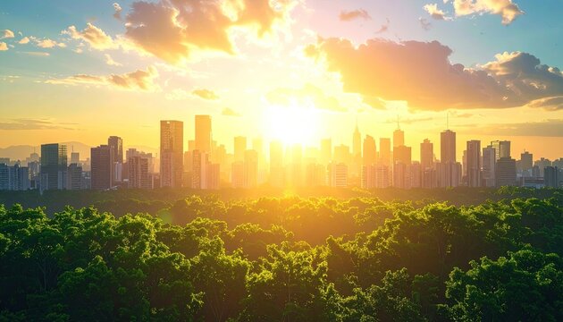 Cityscape at Golden Hour with Trees Silhouetted Against Bright Sky