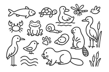 River Wildlife Doodles. Hand-drawn doodle illustration River wildlife fish, turtle, duck, frog, dragonfly, beaver, otter, snail, heron, bird, paw print, shell,