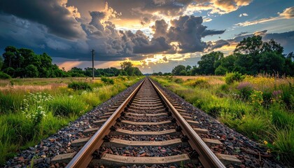 Fototapeta premium Scenic Railroad Tracks Stretch to Golden Sunset Under Dramatic Cloudy Sky in Rural Landscape with Green Fields and Trees