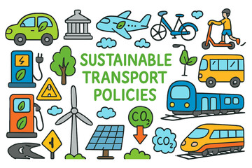 Eco-Friendly Transport Doodles. Colorful Hand-drawn doodle Children illustration Sustainable transport policies electric car, bus, bicycle, scooter, charging